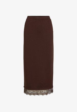 Dunkelbrauner Bleistiftrock mit geradem Schnitt und Spitzenbesatz am Saum, entworfen für eine mittellange Länge bis zur Mitte der Wade.