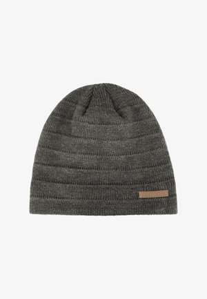 Dark gray ribbed knit beanie with a small rectangular brown label on the lower edge displaying the brand name.