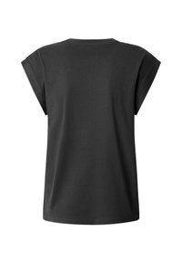 Camiseta negra de manga corta con ajuste holgado. Presenta un cuello redondo y una textura suave, ideal para uso casual. Diseño simple, sin estampados.