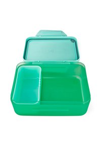 Groene plastic lunchtrommel met een verdeeld interieur. Heeft een doorzichtige deksel en een rechthoekige vorm, ontworpen voor voedselopslag.