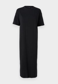 Robe noire mi-longue en coton doux. Elle présente un col rond, des manches courtes et une coupe droite sans motifs ni ornements visibles.