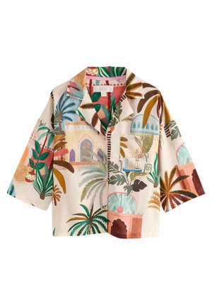 Kurzarmhemd mit Kragen aus leichtem Stoff, das mit einem bunten tropischen Druck mit Palmblättern, architektonischen Motiven und abstrakten Designs versehen ist.