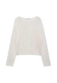 Pull en maille blanc à manches longues avec un motif texturé lâche et un col rond, présentant un ourlet légèrement cropped.