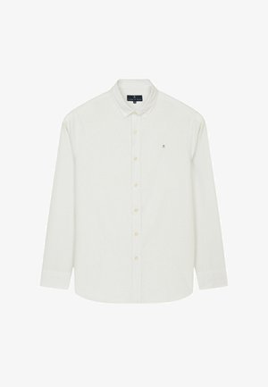 Wit overhemd met lange mouwen, subtiele verticale strepen, een knoopsluiting bij de kraag en een klein geborduurd logo op de linkerborst.