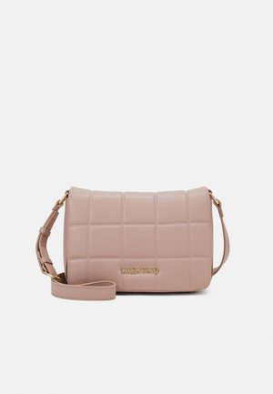 Rectangular pink leather crossbody bag with a quilted pattern, gold logo detailing, and an adjustable strap. Smooth texture, minimalist design.