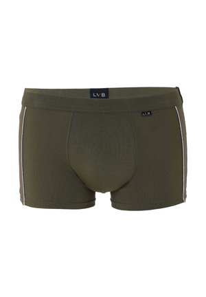 Boxer da uomo verde oliva con etichette nere "LVB" in vita e sul davanti, caratterizzati da strisce verticali bianche su ciascun lato.