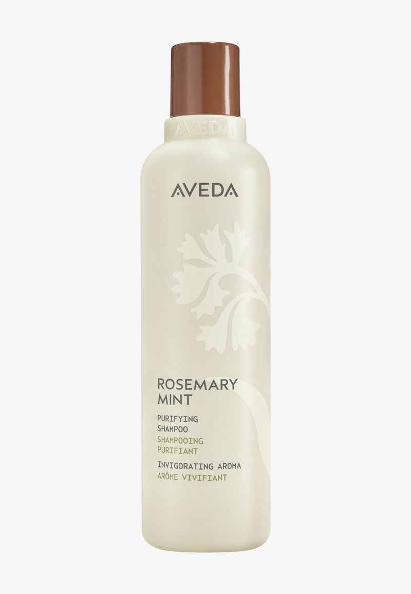 Flacone di shampoo purificante Aveda Rosemary Mint con tappo marrone, design botanico e testo che evidenzia l'aroma rivitalizzante.