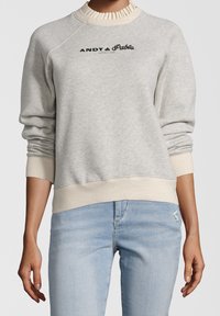 Sudadera de color gris claro con cuello y puños acanalados, que presenta el texto negro "ANDY & Pablo" en la parte delantera. Material suave y texturizado.