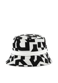 Chapeau seau noir et blanc avec un motif géométrique, fabriqué en tissu texturé, avec un large bord et une bande blanche cousue.