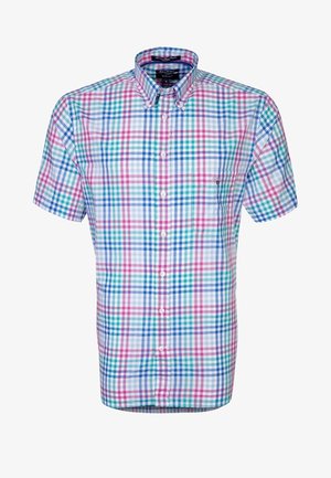 Short-sleeve button-up shirt with pink, blue, and green plaid pattern, featuring a button collar and front chest pocket.