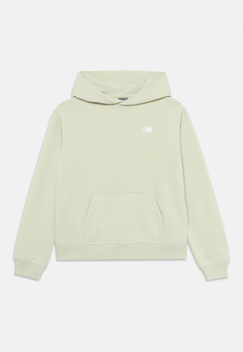 Sweatshirt à capuche vert clair avec une poche avant, des poignets et un ourlet côtelés. Un petit logo blanc sur la poitrine présente un "NB" stylisé.