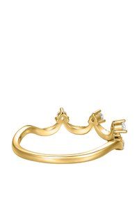 Gold ring with a wavy band design, featuring three small round stones set in prongs. Smooth texture with polished finish.