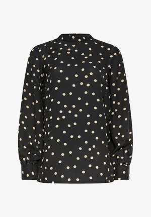 Musta pitkähihaiseen paita, jossa on korkea kaula, cream-värinen pilkku-kuvio. Puhdistetut hihat, joissa on elastiset hihansuut. Sujuva kankaan rakenne.