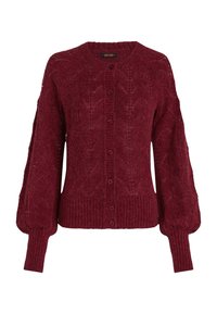Cardigan en tricot bordeaux avec un col rond, une fermeture à boutons et un ourlet côtelé. Présente des motifs texturés et des manches bouffantes.