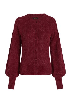 Bordeauxfarbener Strickcardigan mit rundem Halsausschnitt, Knopfverschluss und geripptem Saum. Verfügt über strukturierte Muster und Puffärmel.