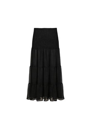 Falda maxi negra de capas con cintura alta fruncida y capas transparentes con volantes.