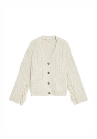 Krémový cardigan s pleteným vzorem a V-výstřihem, zapínání na přední knoflíky, dvě kapsy a třásně na rukávech. Měkká, strukturovaná tkanina.