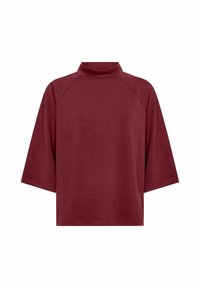 Maroon lyhyet hihat turtleneck-toppi, jossa on löysä mitoitus ja raglan-hihat, sileä kangas, esitelty valkoista taustaa vasten.