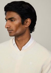 Cremfarbener Strickpullover mit V-Ausschnitt, über einem weißen Hemd mit Kragen getragen. Besitzt ein dezentes Textungsmuster und ein kleines gesticktes Logo.