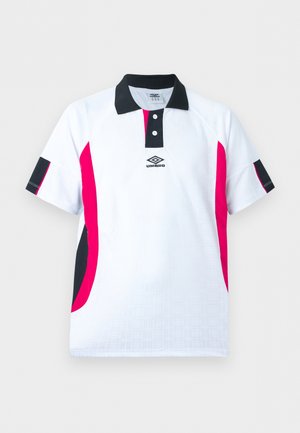 Biela krátka polokošeľa s čiernym golierom, čiernymi a ružovými bočnými panelmi, zapínaním na dva gombíky a logom Umbro na hrudi.