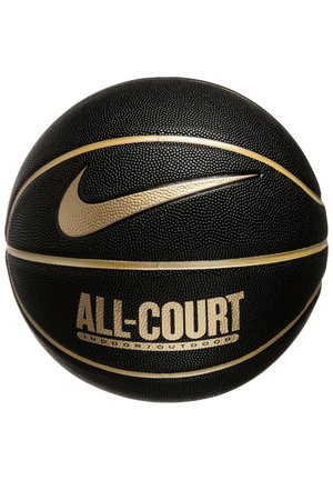 Pallone da basket nero con superficie testurizzata, dettagli dorati e il marchio "ALL-COURT". Presenta un logo Nike ben visibile.