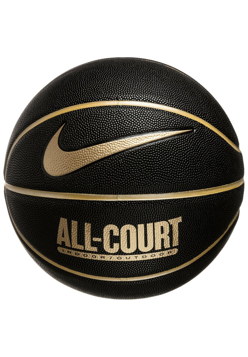 Pallone da basket nero con superficie testurizzata, dettagli dorati e il marchio "ALL-COURT". Presenta un logo Nike ben visibile.