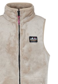 Beige Fleece-Weste mit hohem Kragen, schwarzem Reißverschluss und pinkem Zugband. Enthält ein schwarzes quadratisches Logo mit einem Berg- und Sonnendesign.