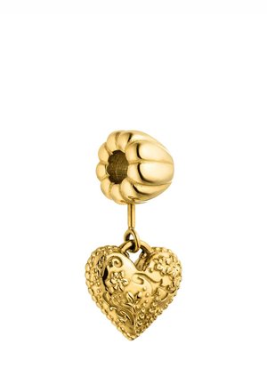 Goldener Ohrring mit einem gerillten, runden Stecker und einem hängenden herzförmigen Anhänger, verziert mit ornamentalen Blumenmustern.