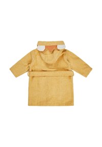 Accappatoio giallo in spugna con cappuccio, caratterizzato da una texture morbida, maniche lunghe, cintura coordinata e dettagli decorativi in feltro sul cappuccio.