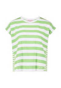 Zielona i biała koszulka w paski z krótkimi rękawami, okrągłym dekoltem, wykonana z miękkiej bawełny, z logo na dolnym brzegu.