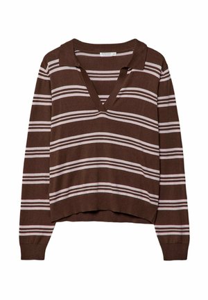 Pull brun à rayures avec un col en V, présentant des rayures rose clair et blanches. Texture douce, manches longues et coupe décontractée.