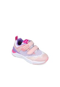 Scarpa sportiva rosa e viola con materiali in rete e sintetici, doppie fascette in Velcro e suola imbottita con un motivo testurizzato.