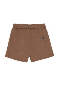 Braune Shorts mit einem taillierten Bund, zwei Gesäßtaschen, glatter Textur und genähten Details. Für legere Kleidung entworfen.