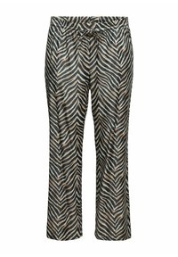 Loose-fit, lightweight trousers in a beige and black zebra stripe pattern. Features elastic waistband with a drawstring for adjustment.