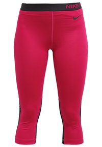 Leggings capri athlétiques rose vif avec des panneaux latéraux noirs, une ceinture noire avec un texte rose "Nike Pro" et un petit logo Nike Swoosh noir.
