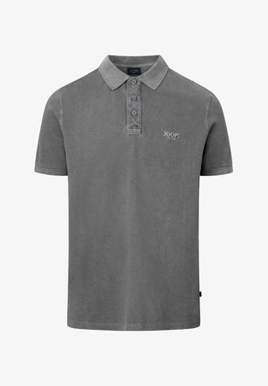 Grå polo shirt lavet af bomuld, med krave, korte ærmer, tre-knap lukning med lilla knapper og et mærkelogo på brystet.