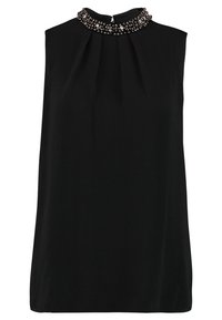 Zwarte mouwloze top met een subtiel geplooid ontwerp en een bedeltje kraag voor accentuering. Lichtgewicht stof en een relaxte pasvorm.