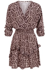 Robe portefeuille à motifs marron et beige avec taille élastique, manches longues, col en V, et ourlet asymétrique à volants.