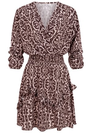 Vestito avvolgente con motivo marrone e beige, vita elastica, maniche lunghe, scollo a V e orlo asimmetrico con volant.