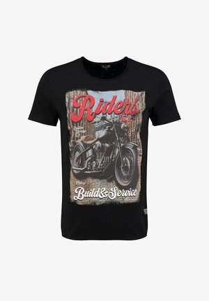 Schwarzes T-Shirt mit einem Grafikdesign eines Vintage-Motorrads, mit dem Schriftzug "Rider's Tour" und "Build & Service" in Rot und Weiß. Normale Passform.