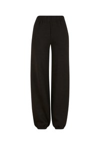 Zwarte sweatpants van zachte stof, met een elastische tailleband en gathered cuffs bij de enkels, met een relaxte pasvorm gedurende het hele kledingstuk.