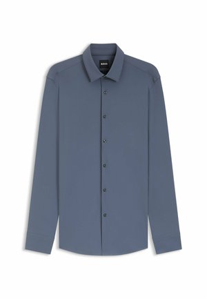 Long-sleeve, button-up men's dress shirt in slate blue with a pointed collar and black buttons, branded "BOSS" on the inner collar.