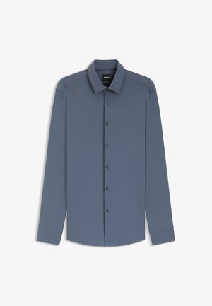 Long-sleeve, button-up men's dress shirt in slate blue with a pointed collar and black buttons, branded "BOSS" on the inner collar.