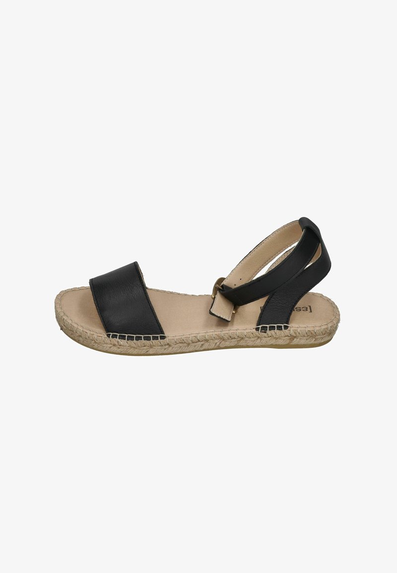 Black leather sandal with two wide straps and a buckle, featuring a jute rope sole and beige interior lining, designed for comfort and breathability.