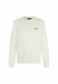 Witte sweatshirt gemaakt van zachte stof, met een ronde halslijn en lange mouwen. Kleine zwarte logo op de borst. Ribgebreide boorden en zoom.