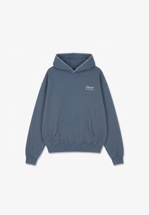 Felpa con cappuccio blu con tasca frontale e scritta bianca "Pegador" sul petto a sinistra, con polsini e orlo a coste.