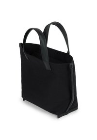 Fekete vászontáska két bőrfüllel és megerősített sarkokkal, strukturált téglalap alak, megdöntve, hogy bemutassa a mélységet és a textúrát.