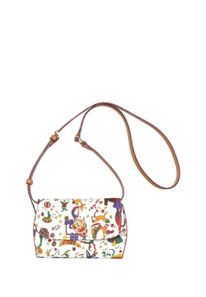 Borsa a tracolla bianca con tracolla marrone regolabile e illustrazioni colorate e fantasiose a tema festivo sulla patta frontale.