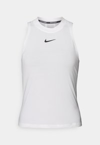 White sleeveless athletic top with a round neckline and a small black Nike logo on the chest. Made from smooth, lightweight fabric.