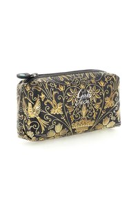 Sacca cosmetica nera con motivi floreali e di uccelli dorati, dotata di chiusura con zip e un logo bianco ben visibile. Superficie texture.